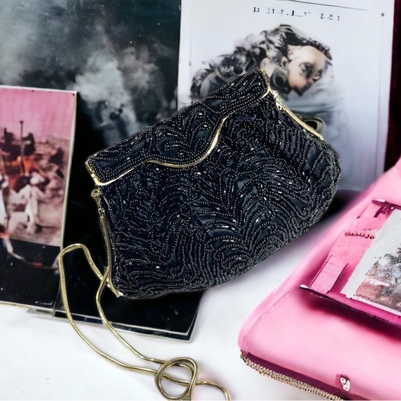 Vintage 1960s GOLDCO Fancy black seed bead evening bag gold hardware - Picture 2 of 12